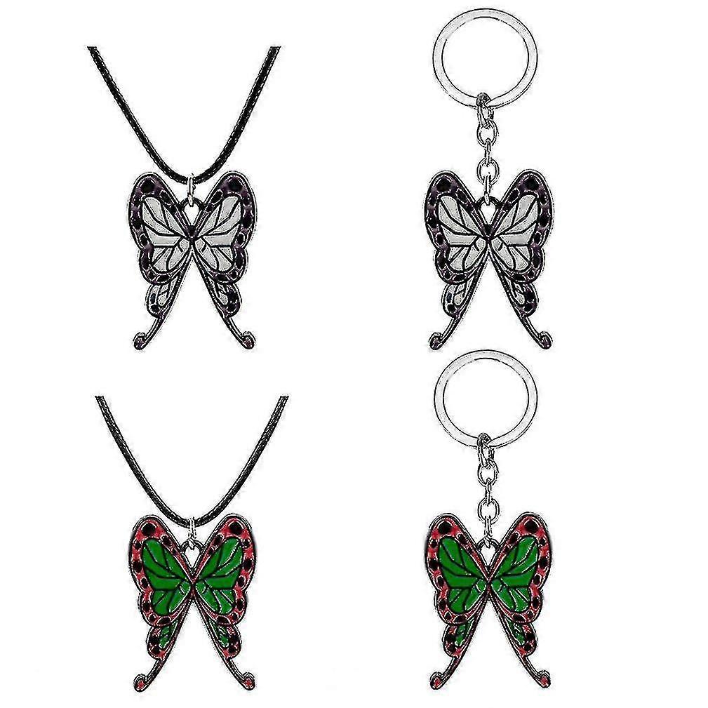 4pcs Demon Slayer Metal Keychains Pendant Leather String Necklace