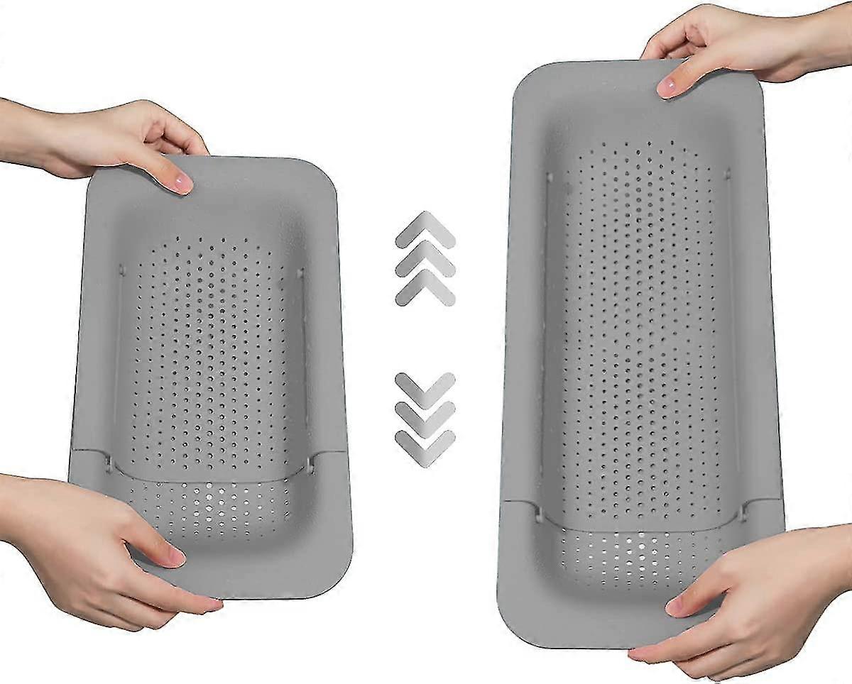 Kurv med dørslag og siler til vasken, uttrekkbar sil til kjøkken, dørslag over vasken, avløp, vasker frukt og grønnsaker, tørker oppvask (grå)