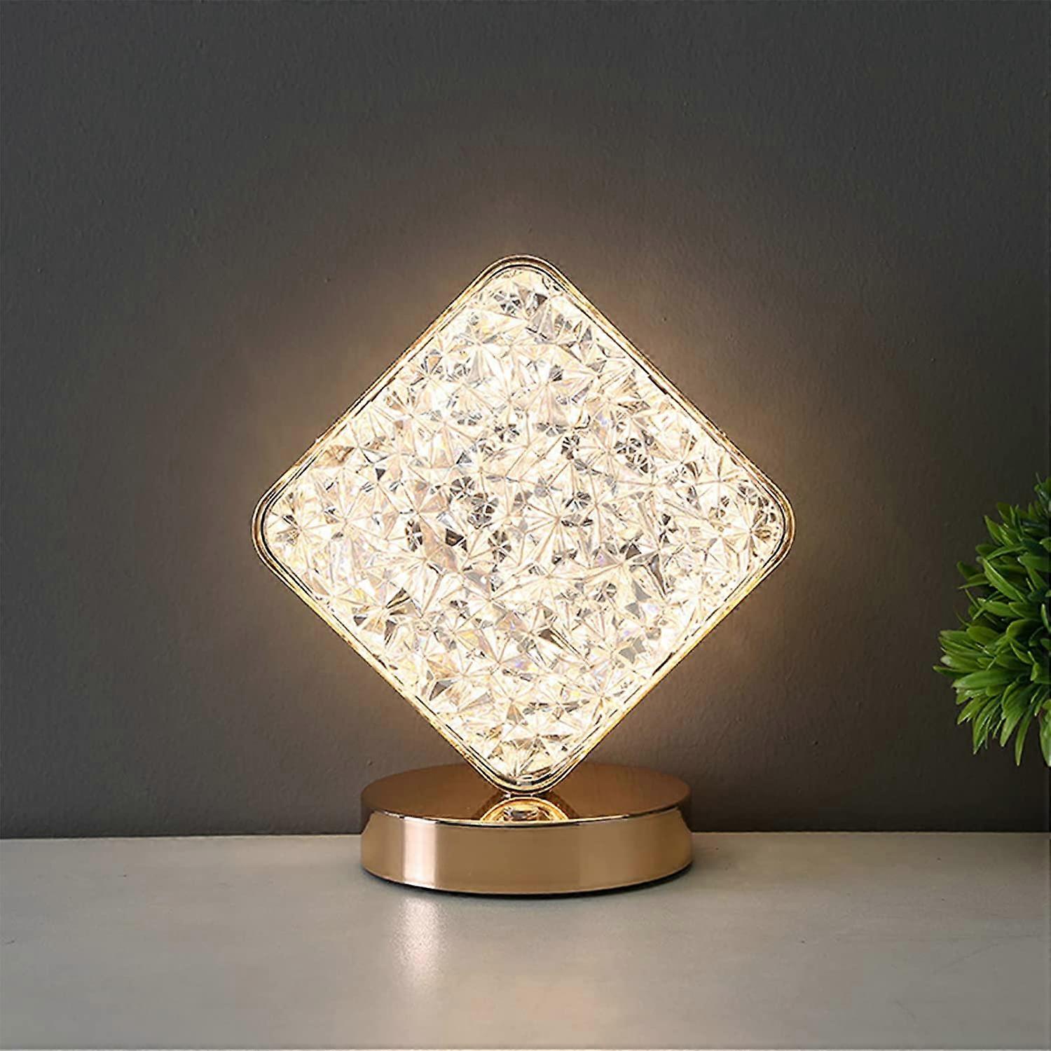 Crystal Table Lamp Touching Control Lamp 3Color Crystal Light Lamp Rechargeable Crystal and Metal Base Small Night Light Acrylic