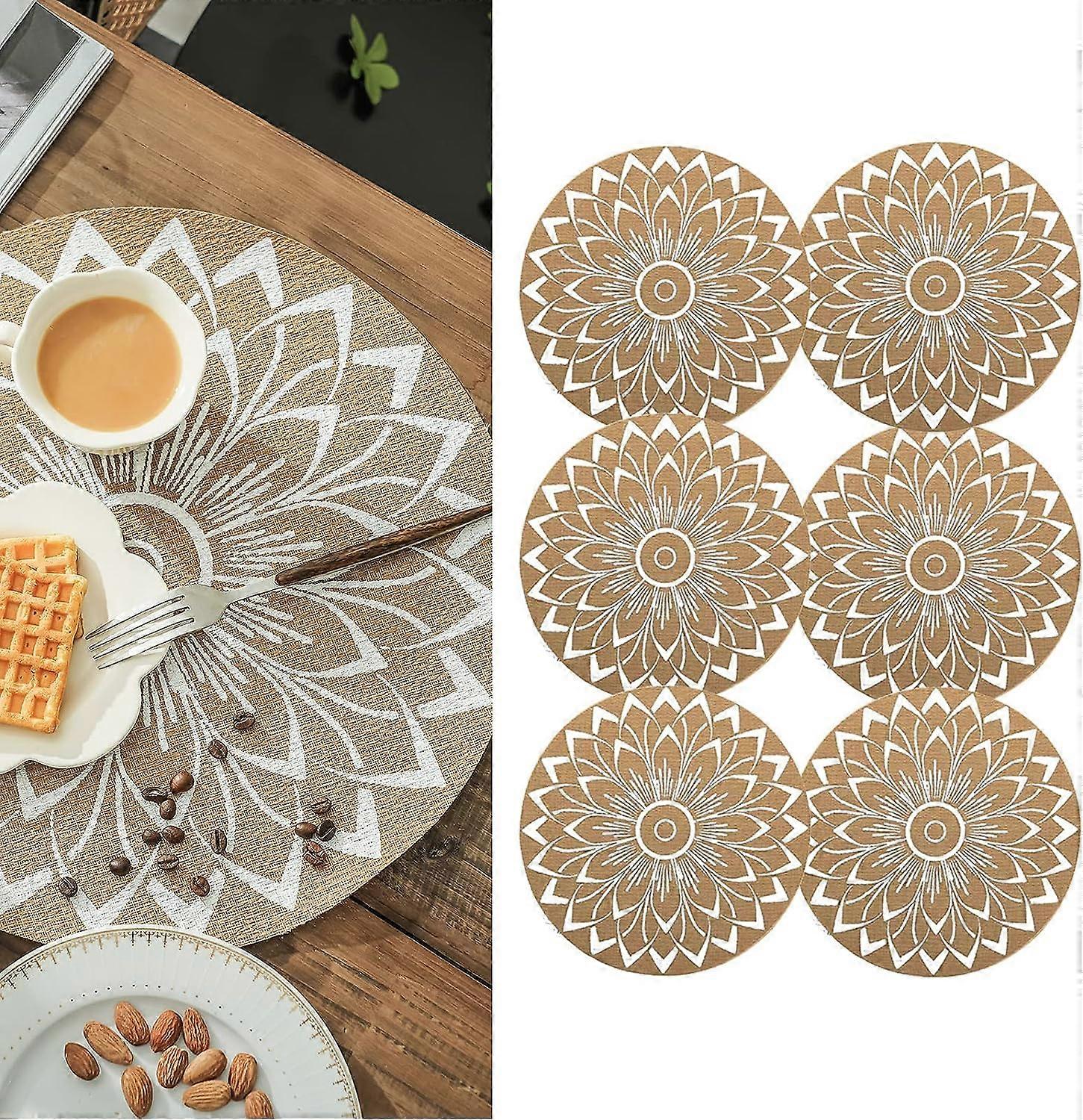 Set of 6 Boho PVC Round Placemats for Dining Table Mandala Table Mats Washable Heat Resistant Placemats Jute Retro Table Decor