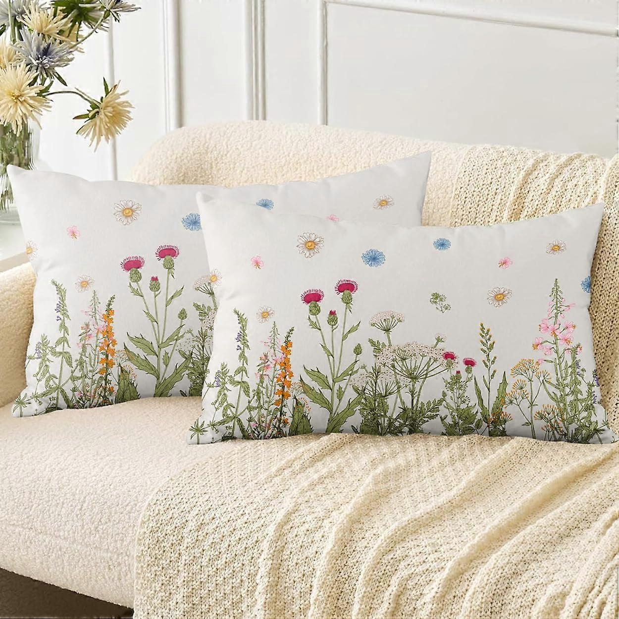 Forår pudebetræk 12x20 tommer sæt med 2, bløde pudebetræk farvede vilde blomster mønster dekorativ sofa stue seng firkantet pudebetræk pude bugt