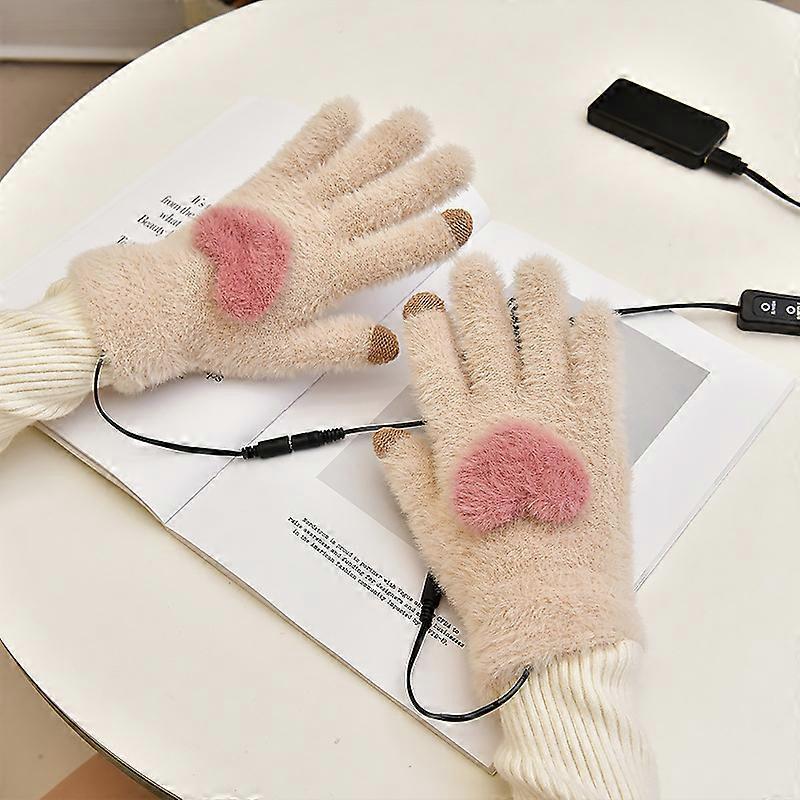 USB Heated Gloves for Men and Women(Off White), Winter Adjustable Temperature Heated Mitts Hand Warmer Washable Knitting Gloves for Indoor Outdoor Win