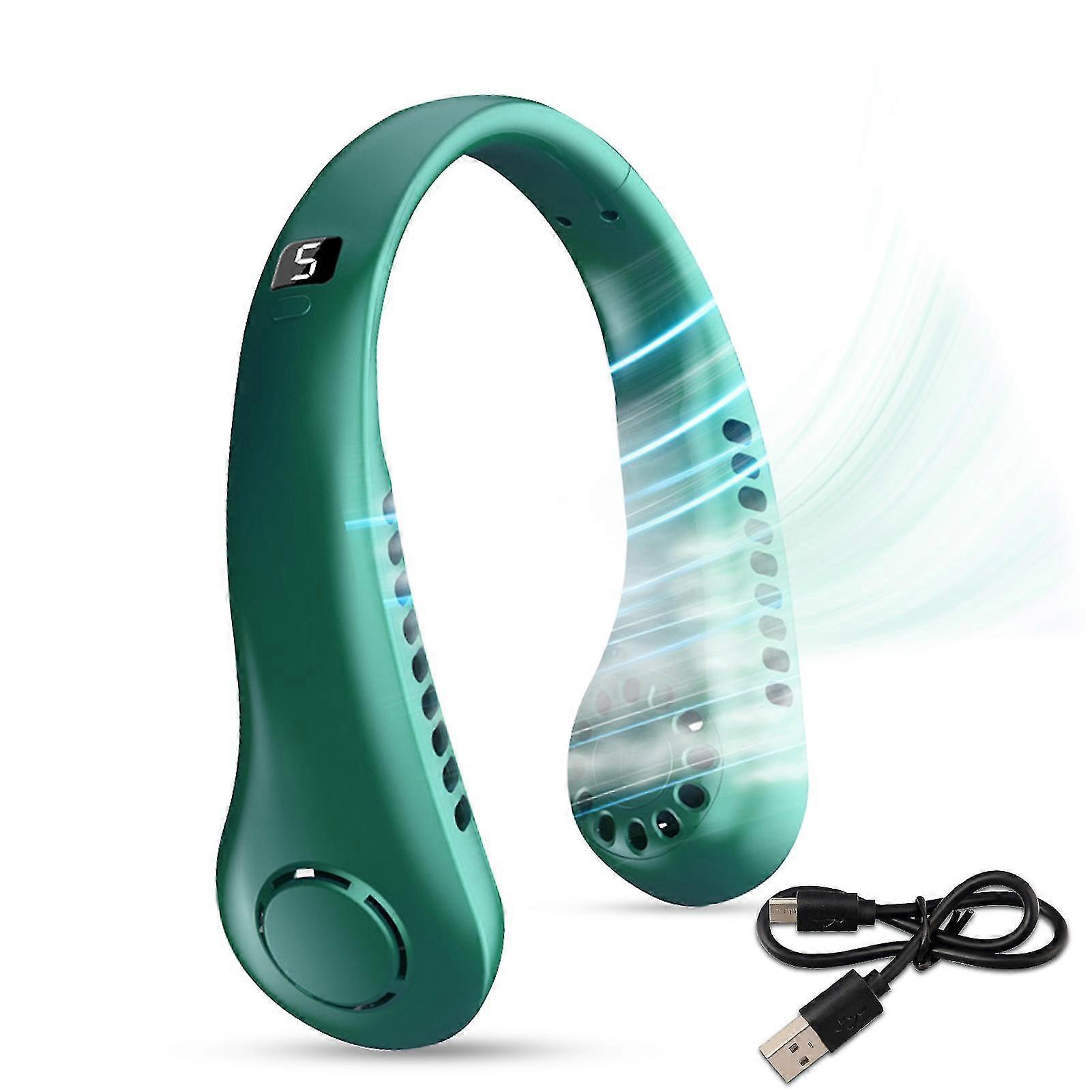 Neck Hanging Fan Hands Free LED Display Lazy Leafless Outdoor Portable 5 Gear