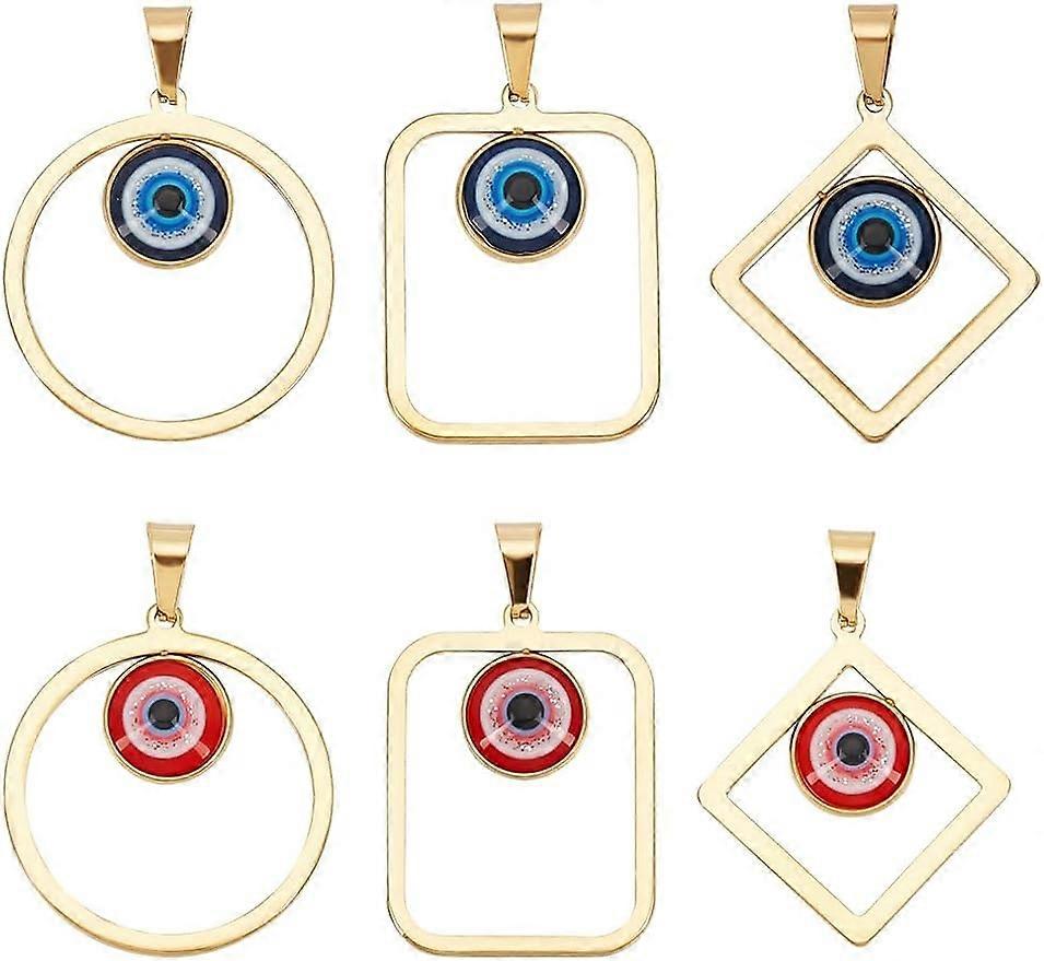 6Pcs Mauvais Œil Résine Pendentifs 304 En Acier Inoxydable Rectangle Cadre Pendentifs Losange En Métal Pendentifs Creux avec Snap On Caution Collier Pendentifs