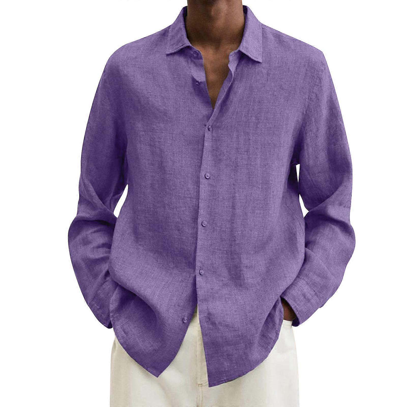 Camisa de linho casual masculina de algodão Button-up Camisa de praia de manga comprida regular M-5XL