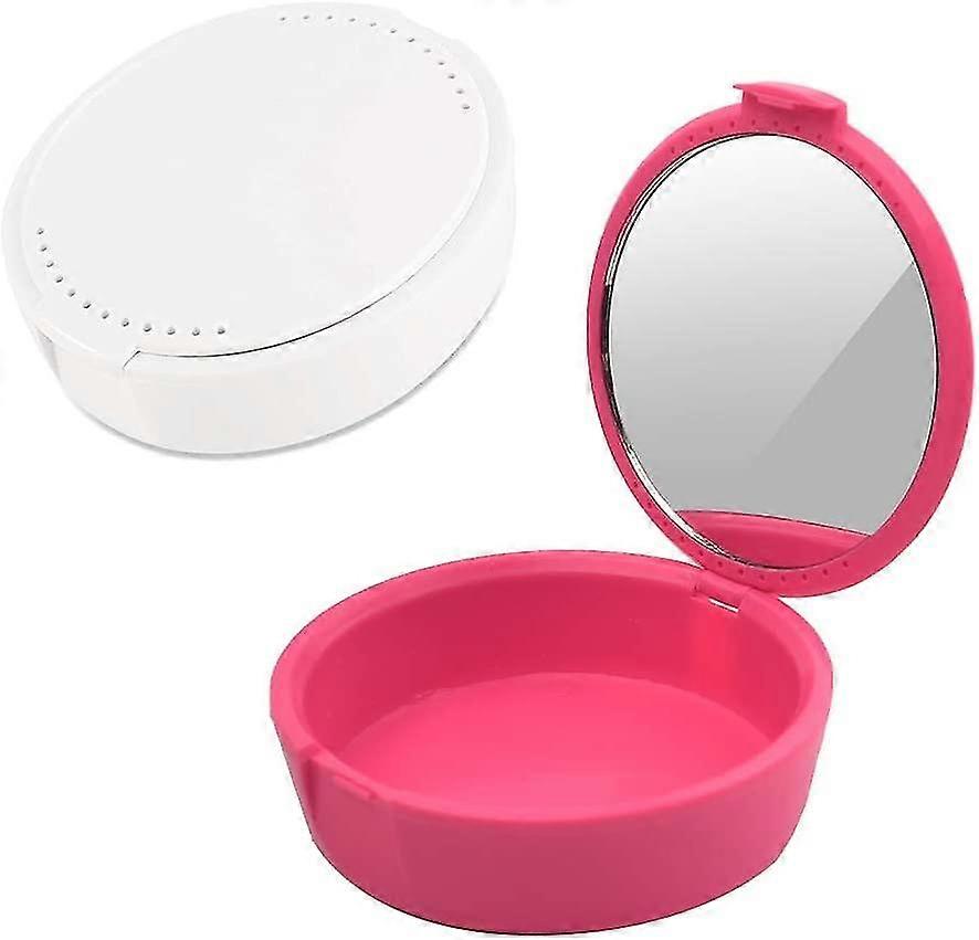 Denture Storage Box With Mirror (pink + White)