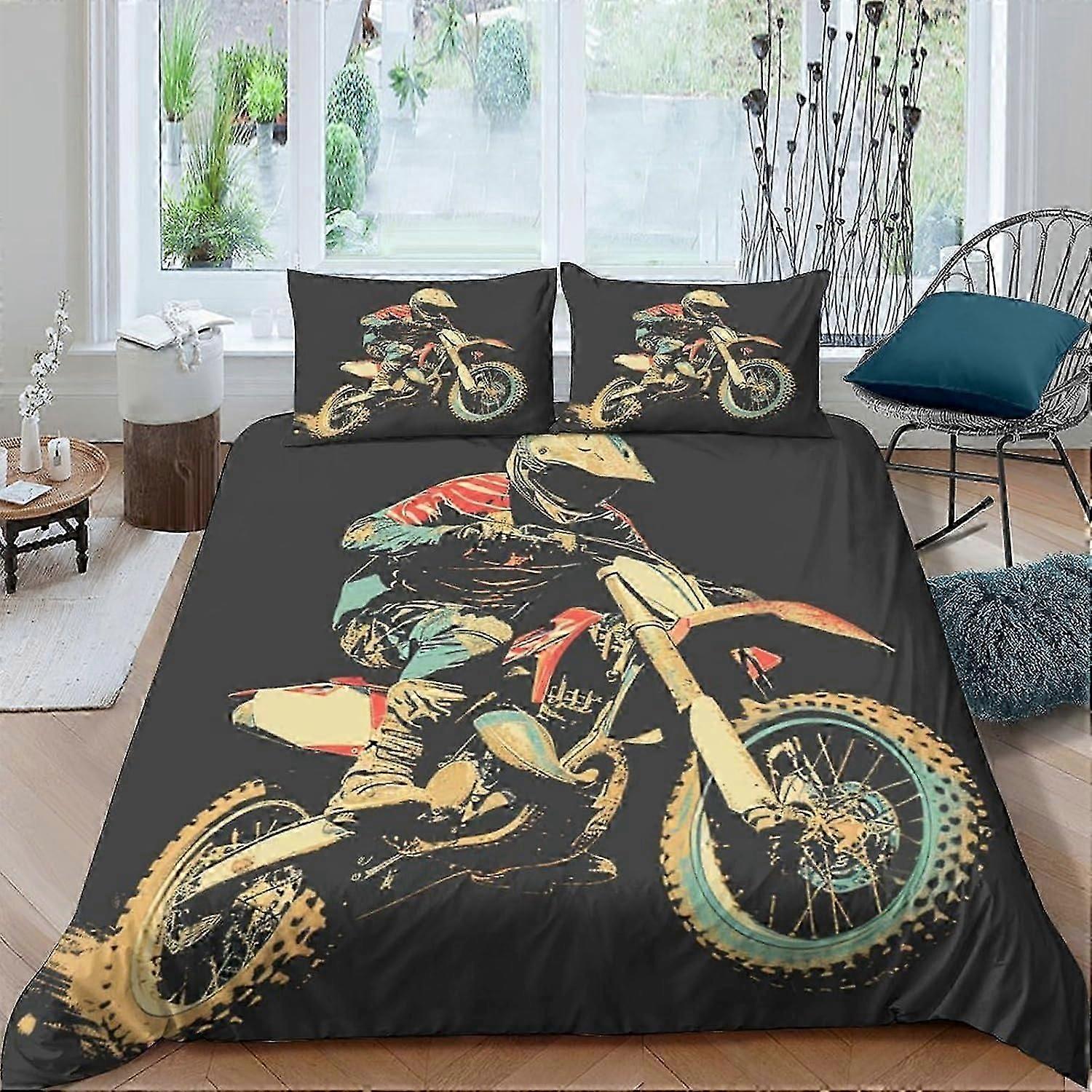 J3463 Lençóis Cross-country Motocicleta 3Pcs Conjunto de Cama Impresso Capa de Colcha, Capa de Edredom 3D para Meninos Adultos, Microfibra, com Fronhas Easy Care M