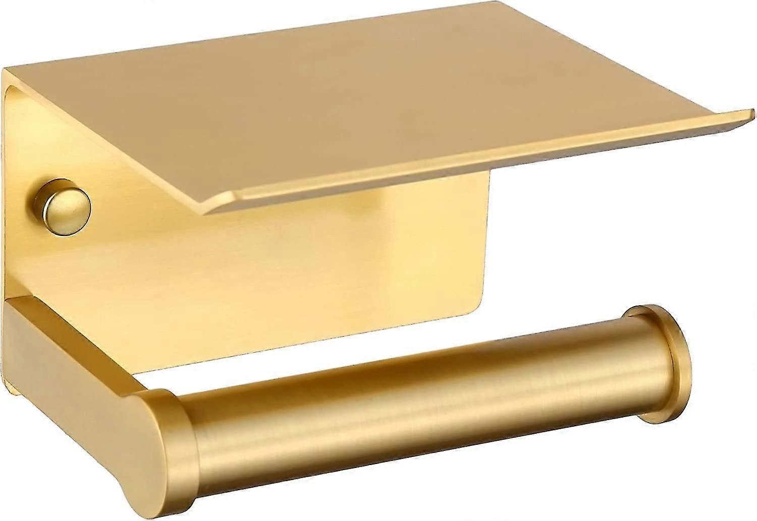 Toilet Paper Holder With Shelf, Wall Mounted Adhesive Holder With Phone Storage Shelf