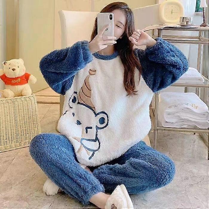 Autumn and Winter Two-piece Sets Thickened Warm Pajamas Long-Sleeved Women Coral Velvet Cute Cartoon Comfortable Sleepwear