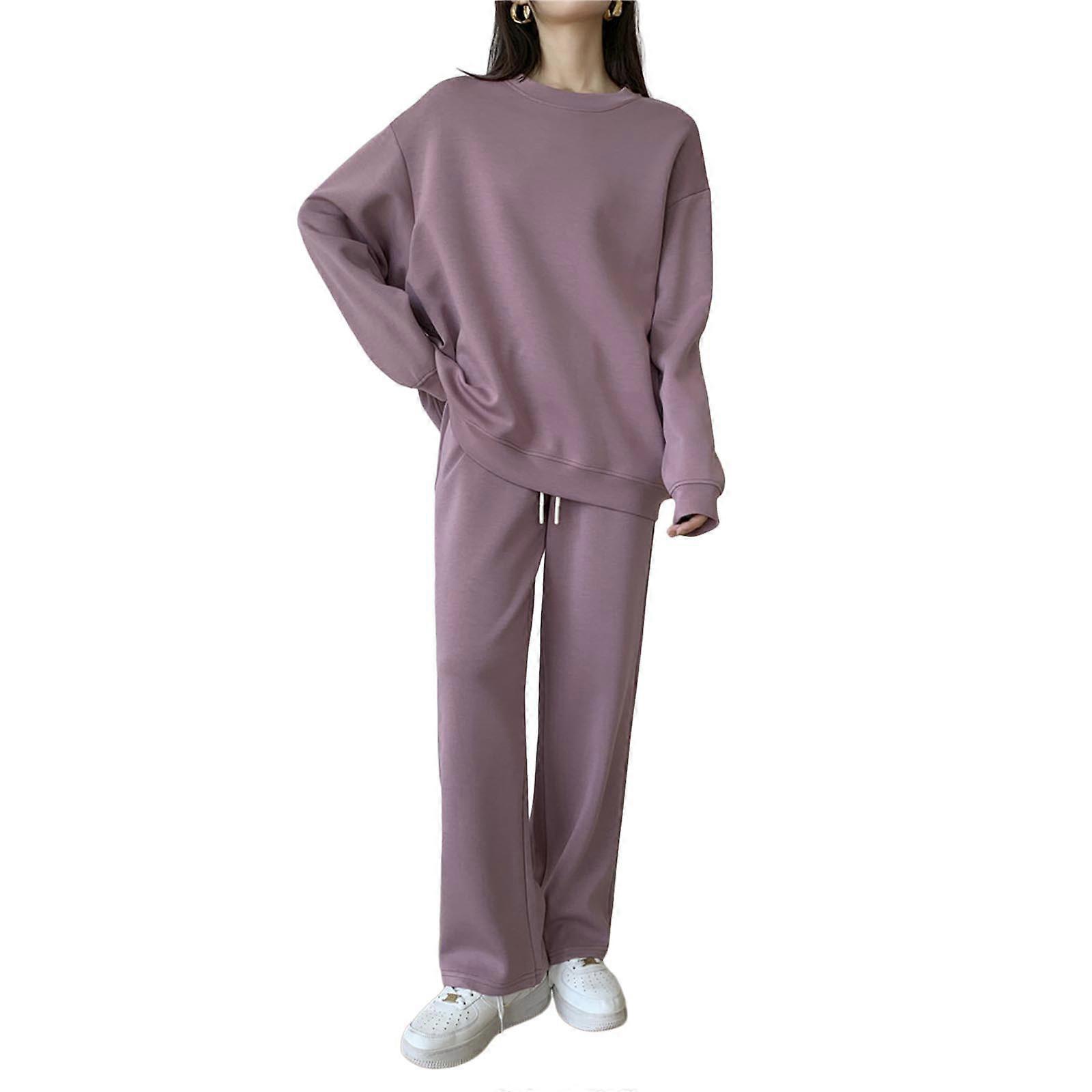Abiti da donna a due pezzi Set coordinati Girocollo Felpa con cappuccio a maniche lunghe Pullover Top e pantaloni a gamba larga Tuta da ginnastica Lounge Set viola M