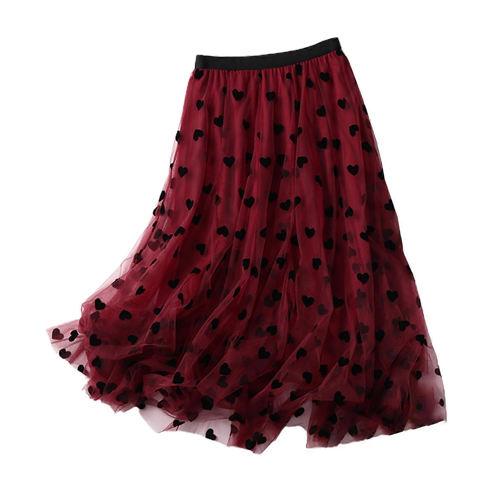 Woman Heart Print Midi Skirts Spring Elastic High Waist 3 Layer A-line Midi Skirt Female Commute Vacation Clothes Red One size fits all