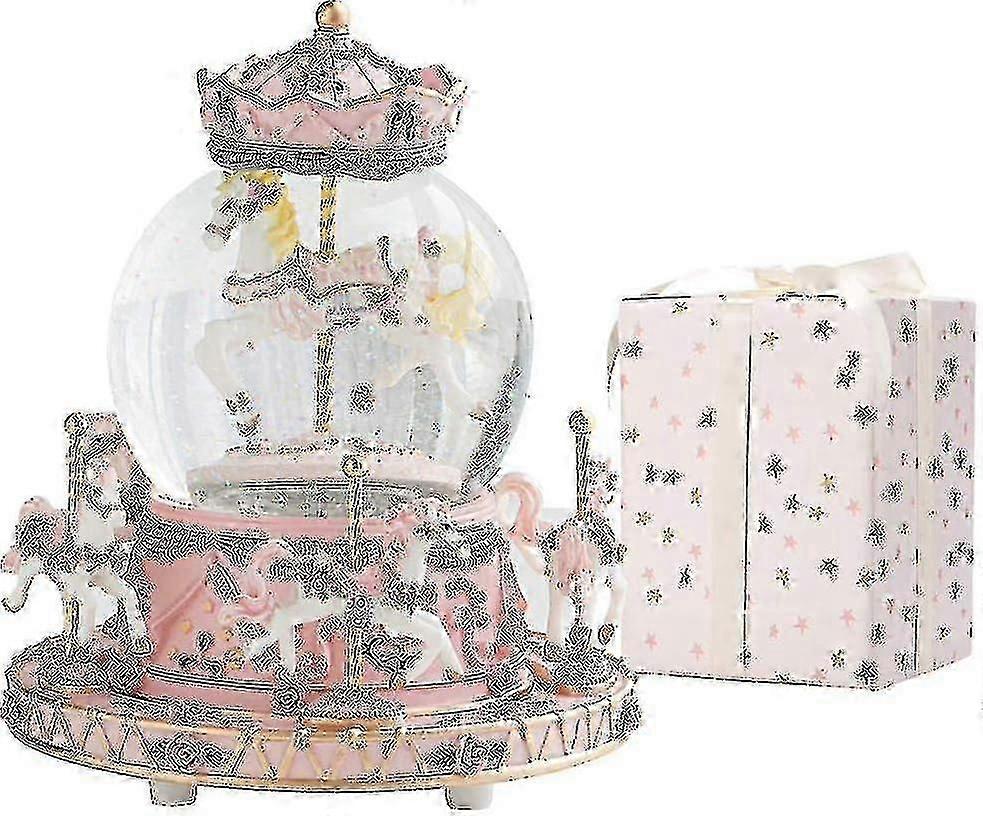 Shanghai Yangxin Gift Wrapped Music Box Carousel Horses Color Changing Lights Unicorn Snow Globe For