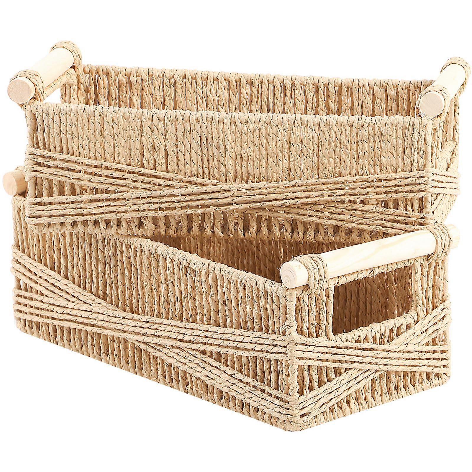 2-Pack Storage Basket STB205-ZNS Natural Wicker Boxes With Handle, Stackable Paper Rope Woven Trays For Shelf Bins