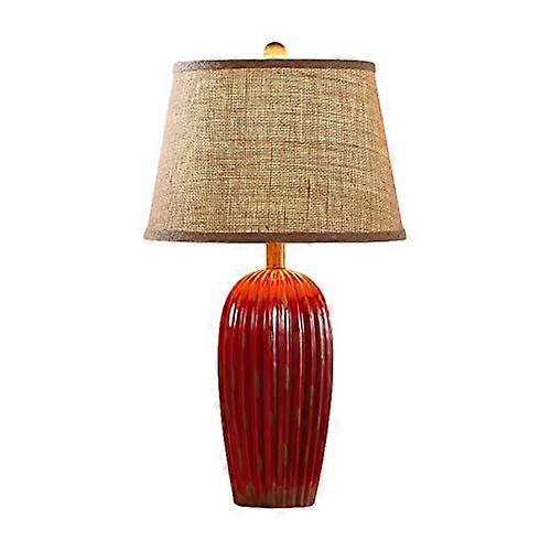Bedside Table Lamp Ceramic Tall Modern Retro, Single Head Beige Fabric Drum Shade, Model B, Red Finish, Nightstand Lamp