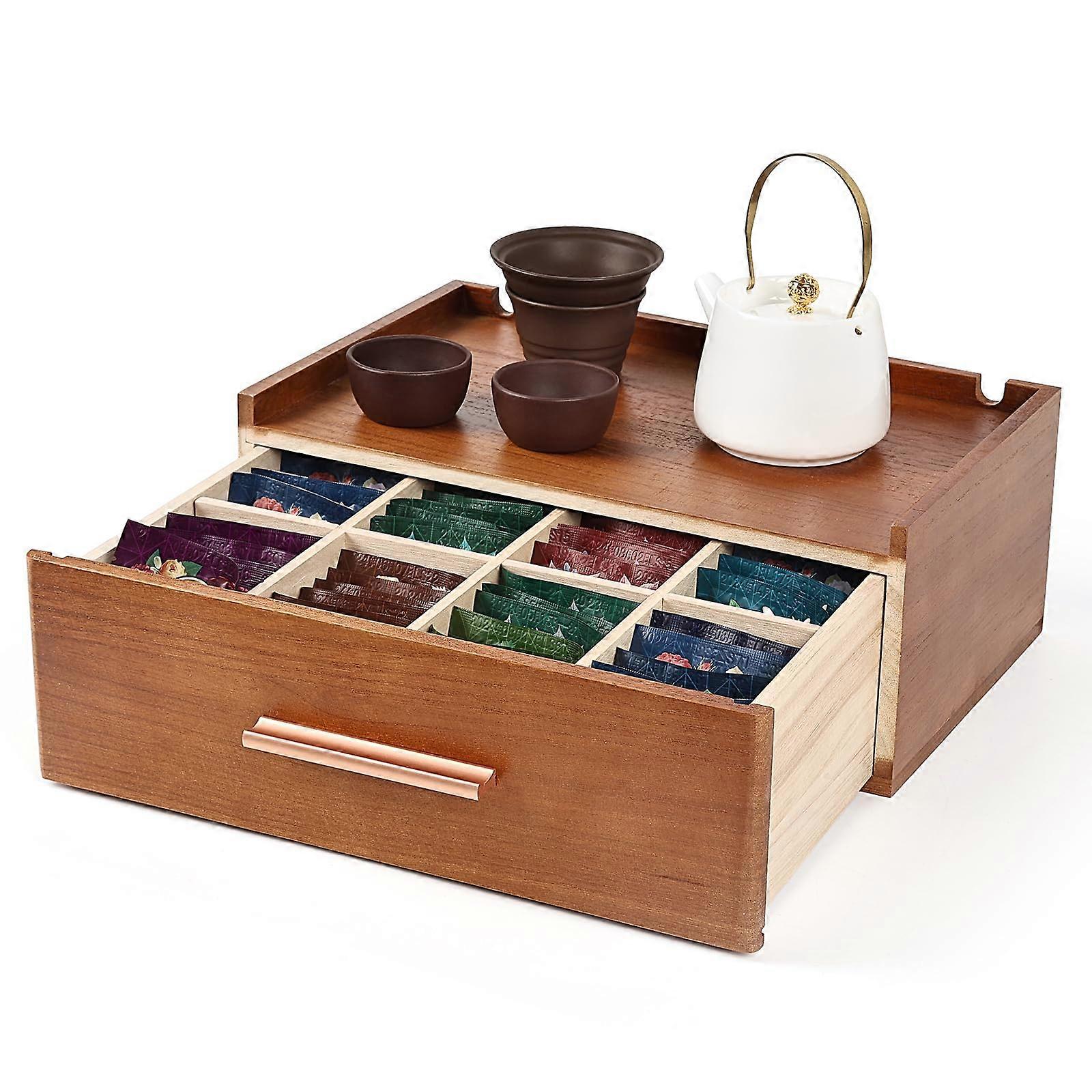 Tea Station Organizer for Countertop - Wooden Tea Bag Holder with 8 Compartments, Multi-Functional Tea Storage Chest