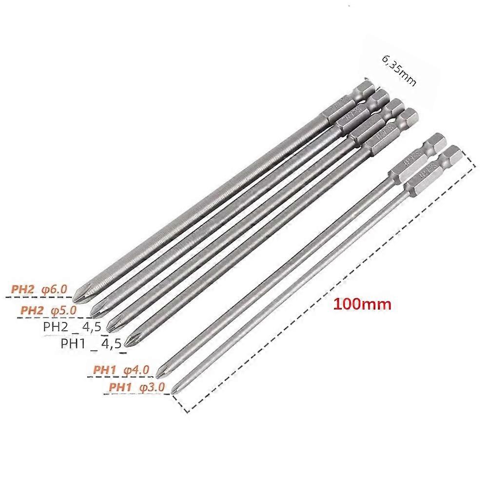 Set of 6 Magnetic Screwdriver Bits, 50/75/100mm Long, 1/4 Inch Screw for Electric Drill, Cross Type