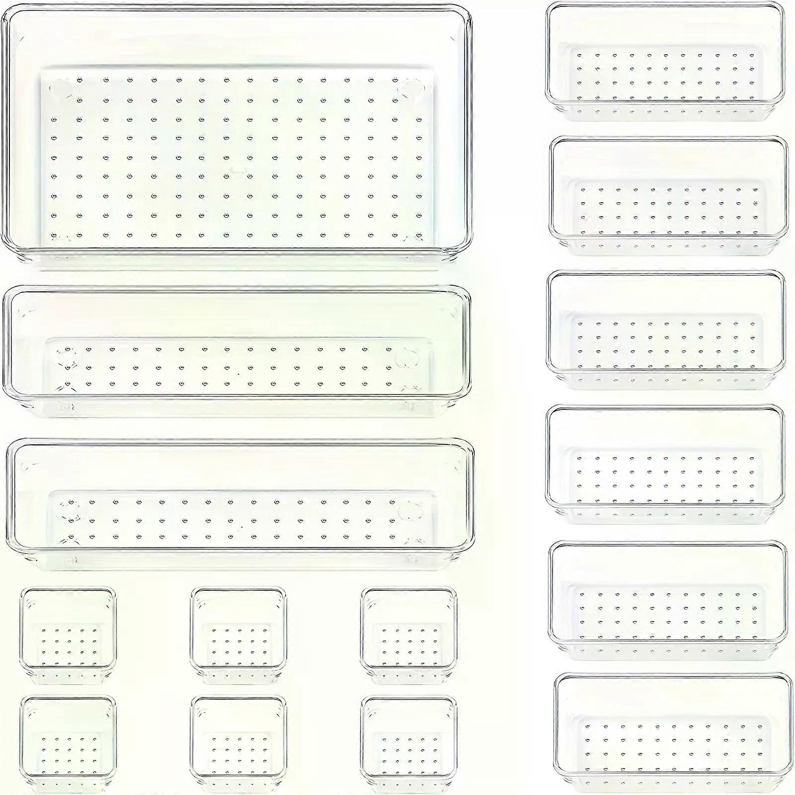10-Piece Versatile Drawer Organizer Set - Clear Plastic Trays and Dividers in 4 Sizes for Perfect Makeup and Kitchen Storage