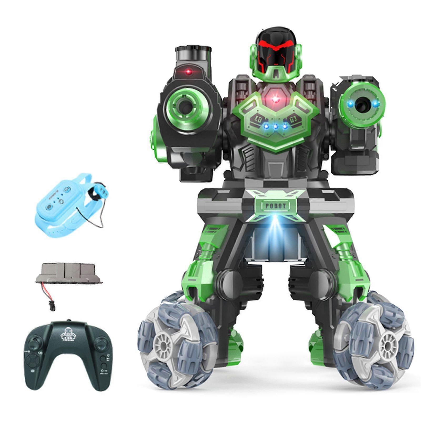 Robot Toy, 2.4G Remote Control Robot 4 Wheel Drive Water Spray Robot Toy with Lights Music 2 Remote Control for Kids Boys