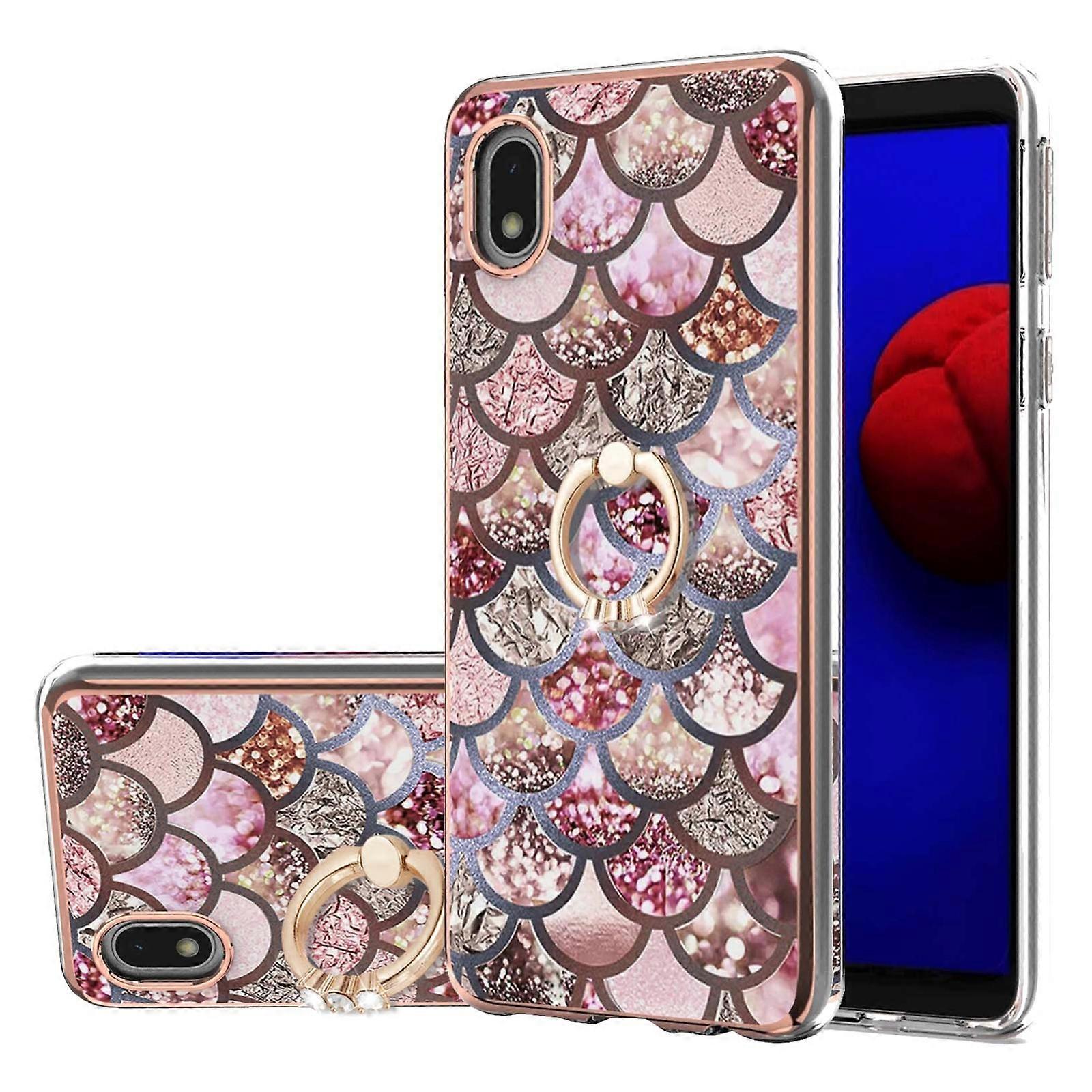 For Samsung Galaxy A01 Core Electroplating Pattern IMD TPU Shockproof Case with Rhinestone Ring Holder