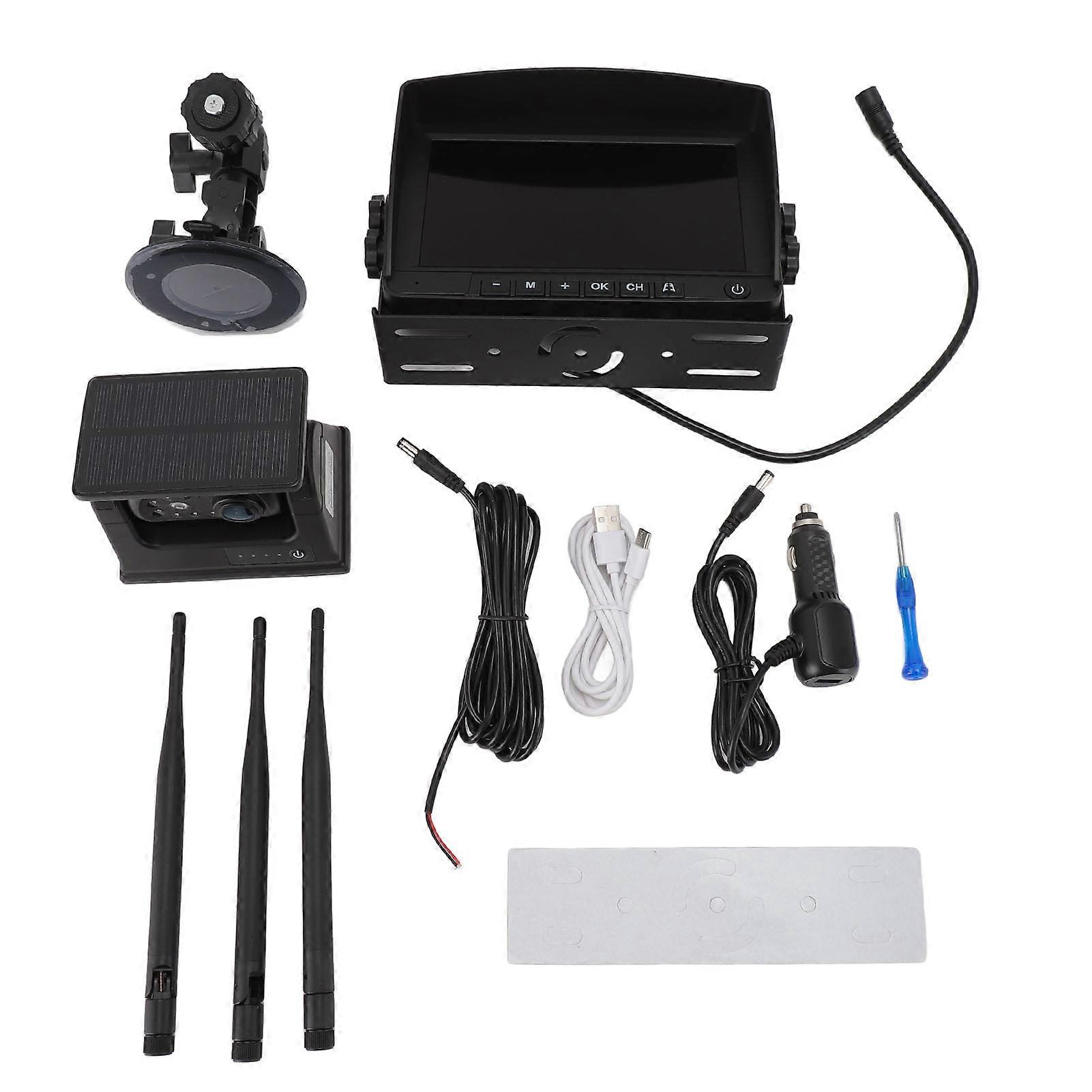 Solar Wireless Backup Camera IP69 Waterproof 1080P 7inch IPS Screen Night Vision 9600mAh Rechargeable Rear View Camera for RVs Trailers Campers
