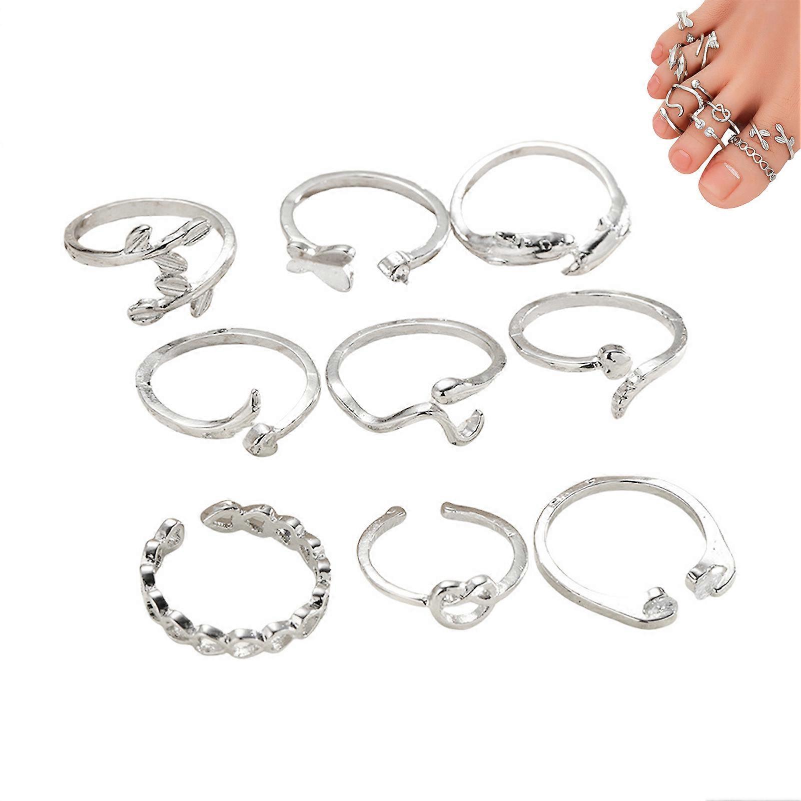 9PCS Retro Open Foot Ring Color Retention Simple Accessory Ring