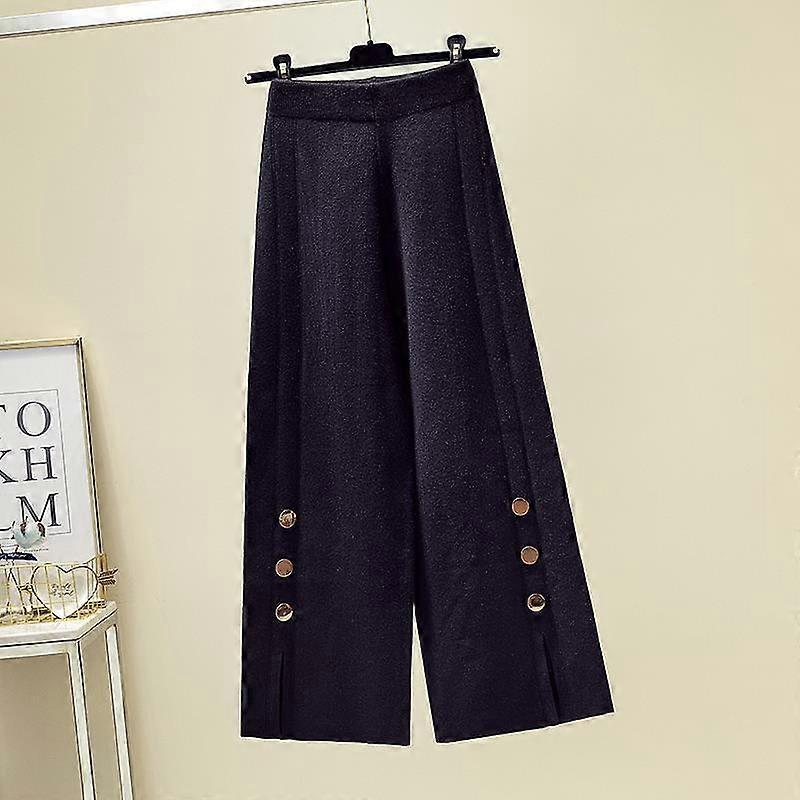 Design sense niche early autumn pants women knitted wide leg pants solid show slimming and cross over casual pants female tops