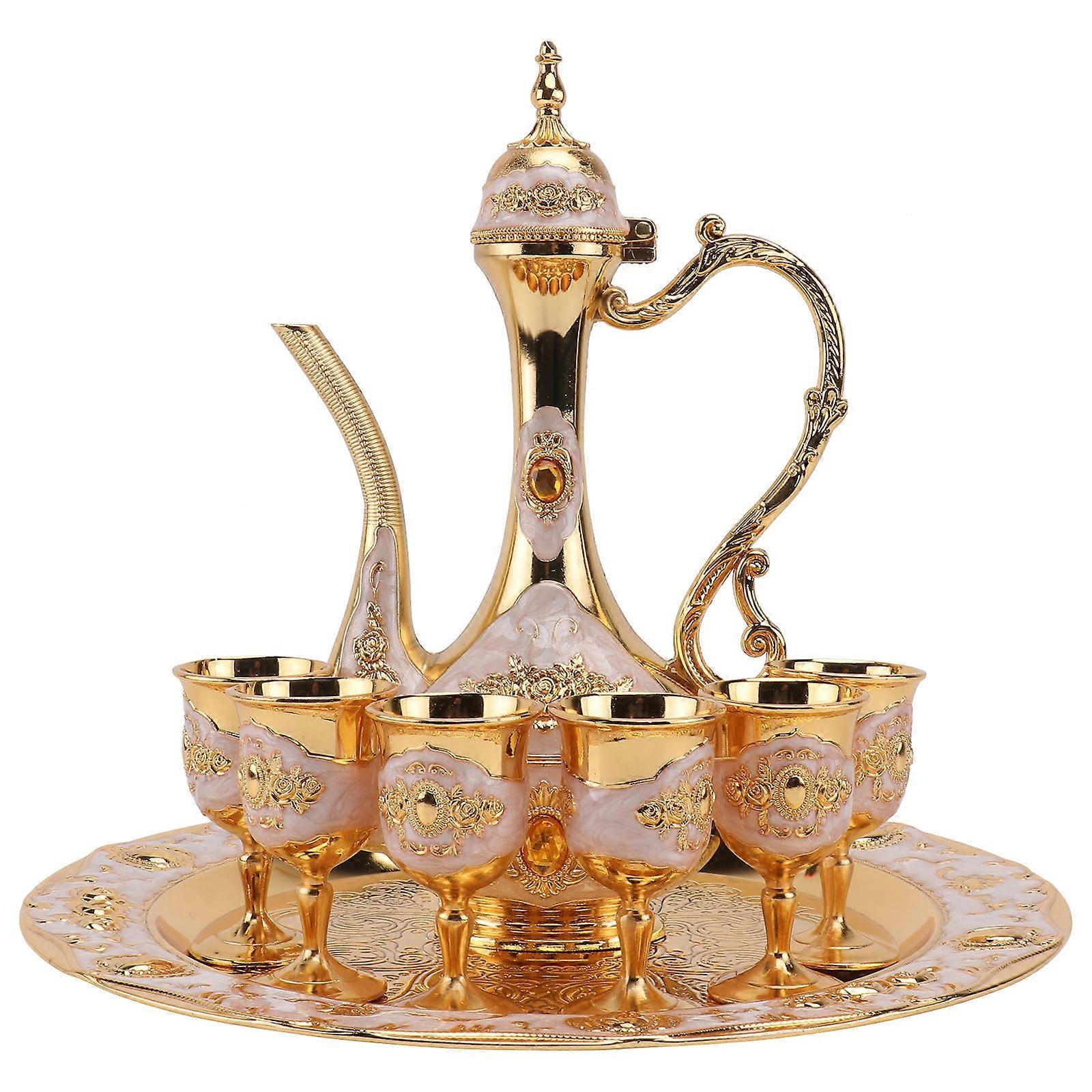 1 Set of Small Decorative Wine Cups and Wine Pot with Tray for Wedding Gifts Gold