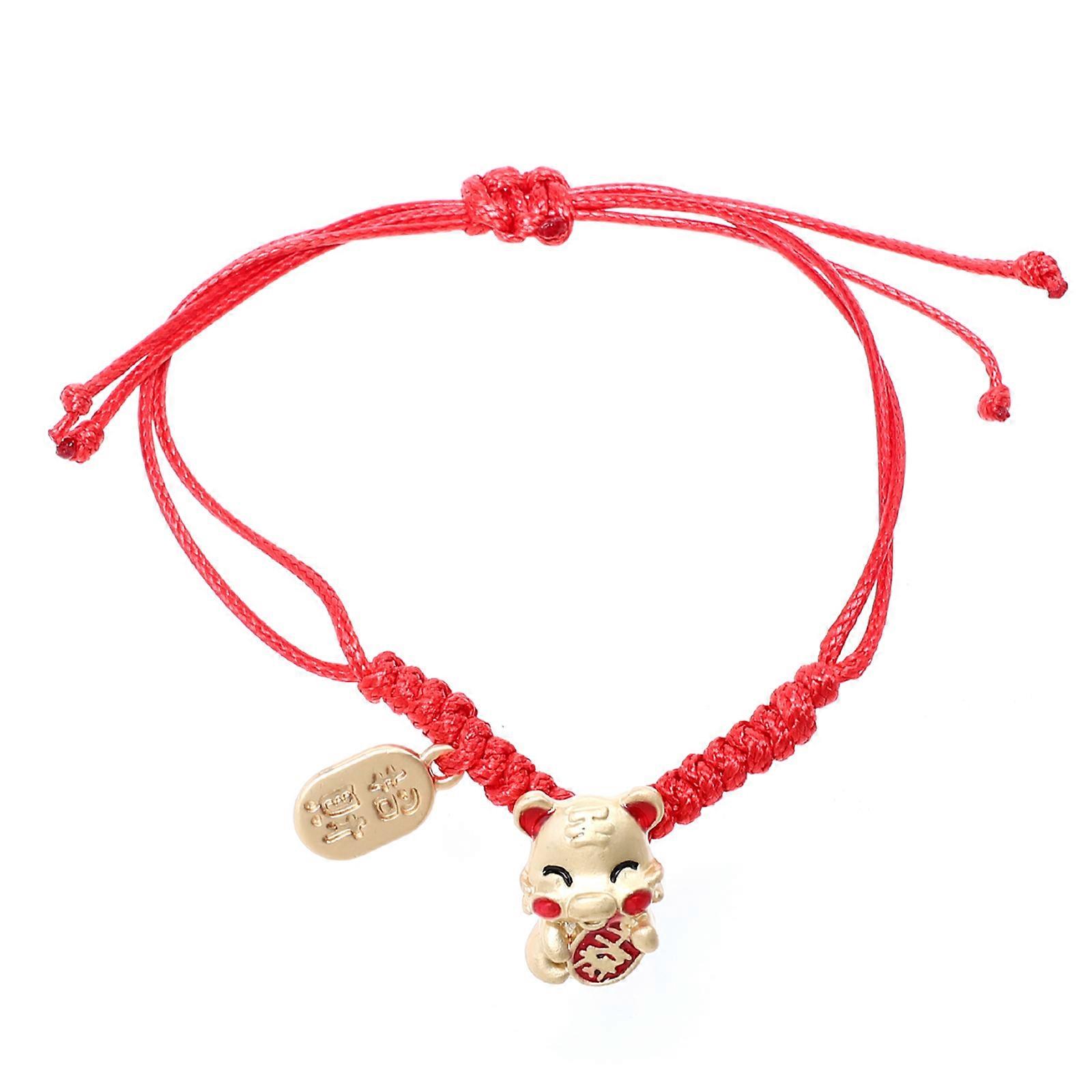 Red Braided Cord Chain for Decor Amulet Bracelet with Tiger Charm Adjustable Size 6 5 Inches