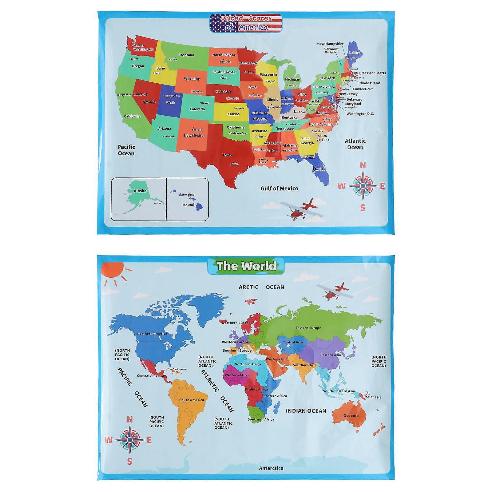 Wall World Map Educational Tool for Kids Geography Learning Classroom Use 60x45CM Nonwovens 2Pcs in 1Set
