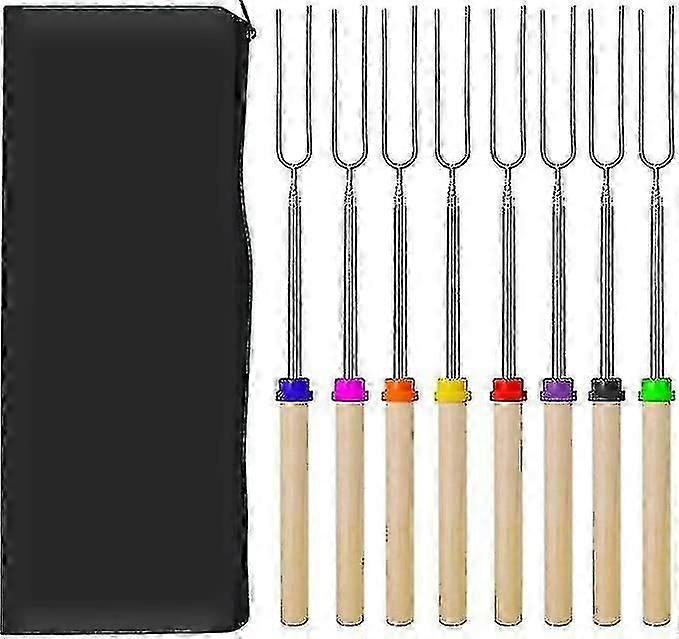 8 Pcs Barbecue Forks Marshmallow Roasting Sticks Extendable Stainless Steel U Shape Hot Dog Fork With Wooden Handle Random Color