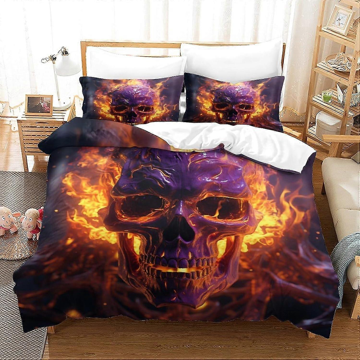 Flaming Skull Printed Duvet Cover Set for Boys, Mysterious 3 Piece Bedding Set with 2 Pillowcases