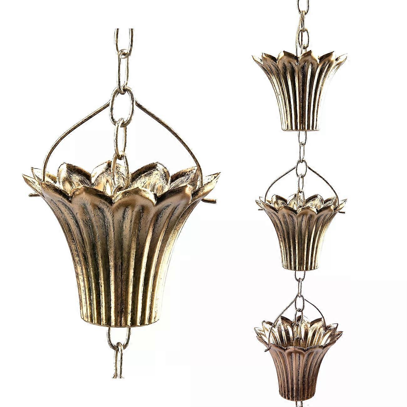 8ft النحاس مطلي سلسلة المطر قابل للتعديل جامع المطر لحديقة الميزاب ، زخرفية معدنية معلقة زهرة دوامة جرس المطر ، 12 أكواب الزنابق