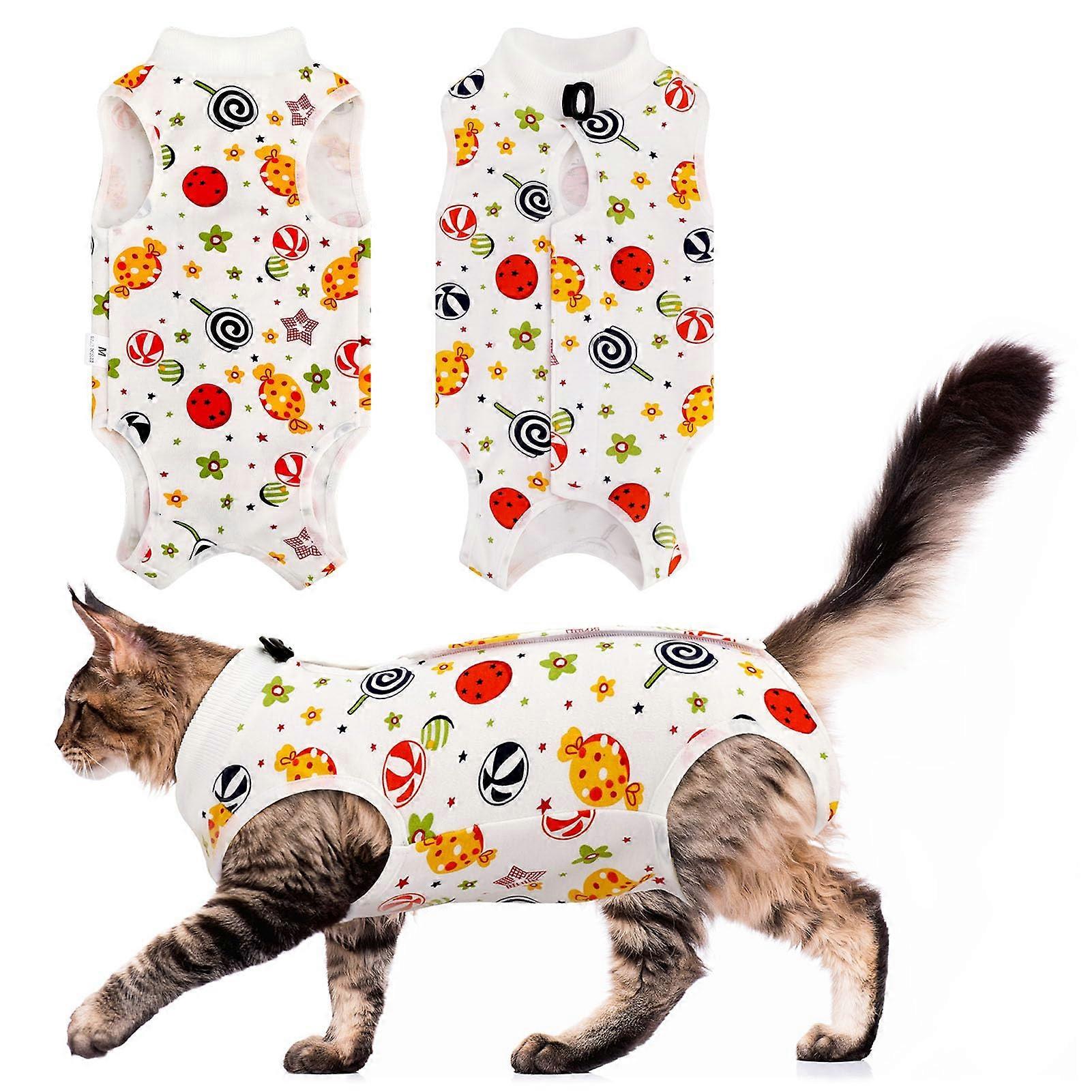 Cat surgery suit, recovery bodysuit to prevent licking, wound protection (M/lollipop print)