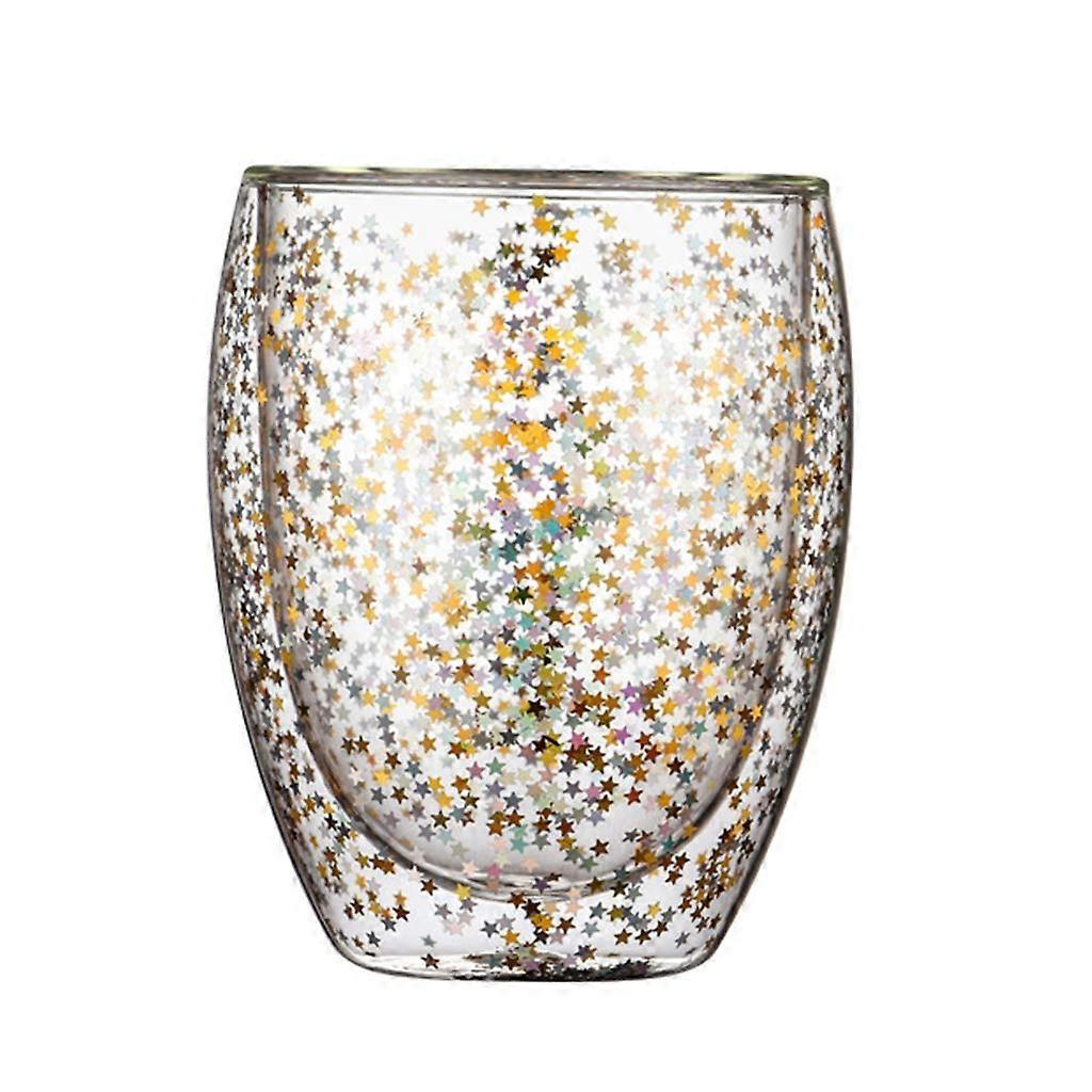 Creative Double-Walled Glass Mug with Sequins Star Design, 350ml for Home Parties, Wine, Coffee, and Milk