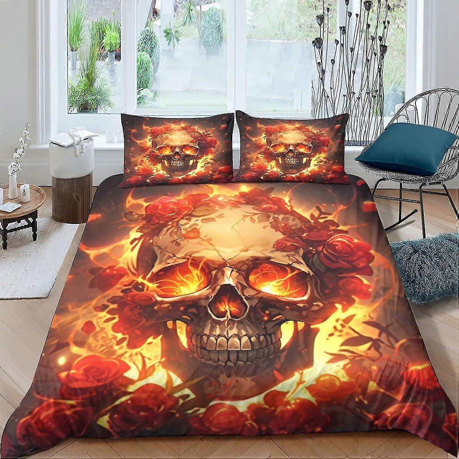 Conjunto de Cama de Caveira Gótica - Capa de Edredom Respirável Macia de 3 Peças com Fronhas, Adequado para Tamanho Duplo