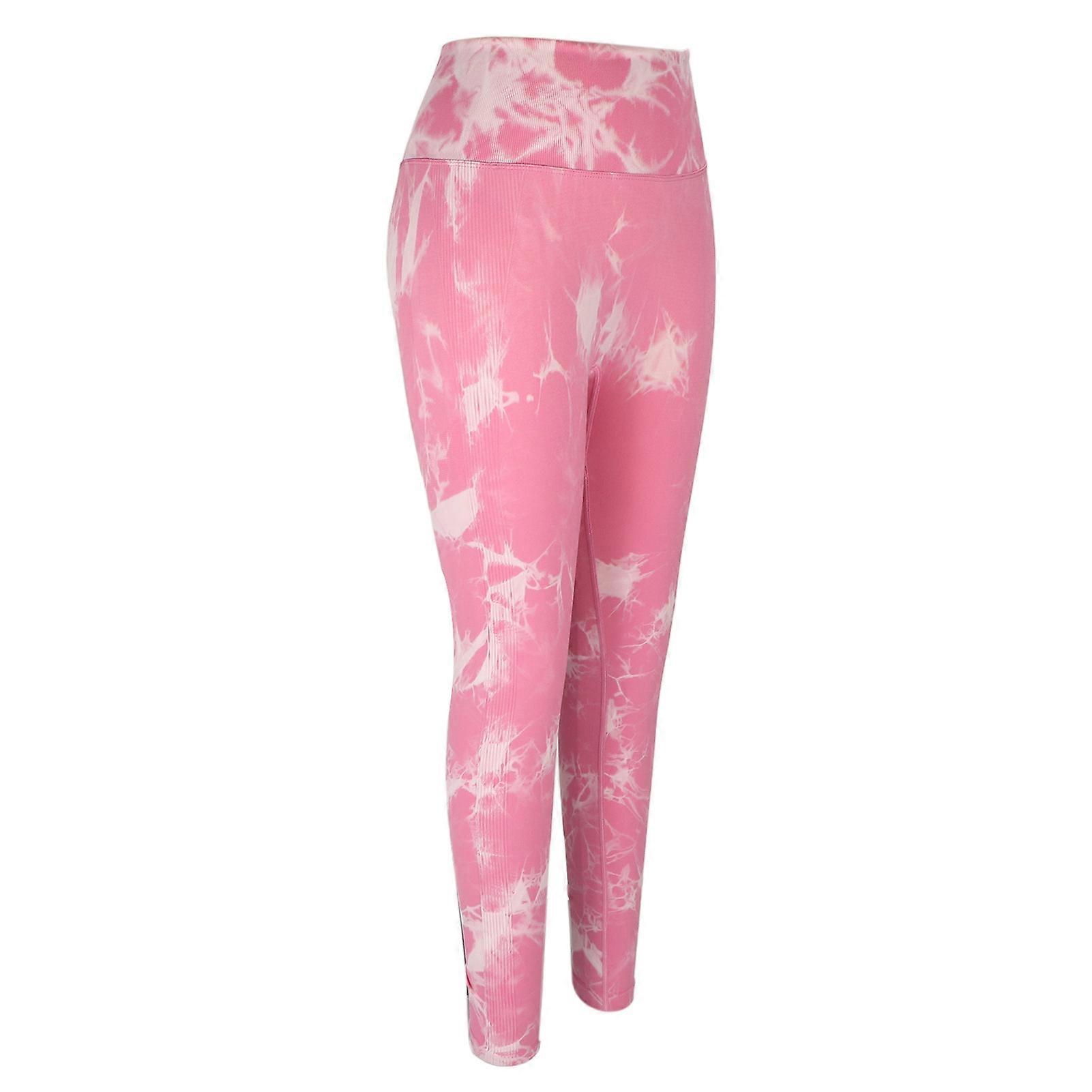 Women Yoga Leggings Tie Dye High Waisted Quick Drying Seamless Tight Pink Sports Running Leggings M