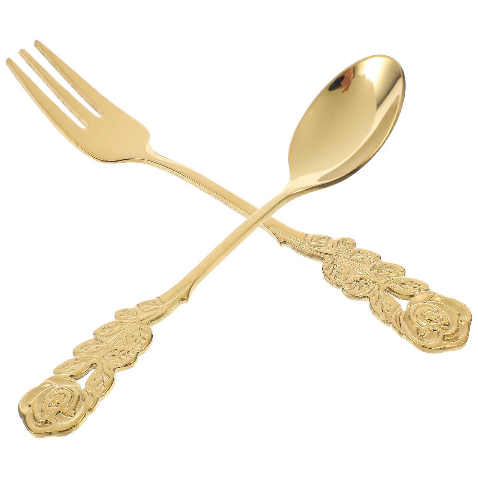 Golden Stainless Steel Fork Spoon Set with Rose Design for Home Use Chic and 6 Pieces