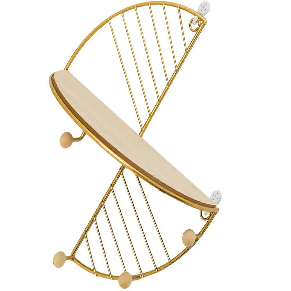 Golden Wallmounted Storage Shelf with Hooks for Home Use Multifunctional Wooden and Iron Rack 12.5x8.5x3.5 Inches