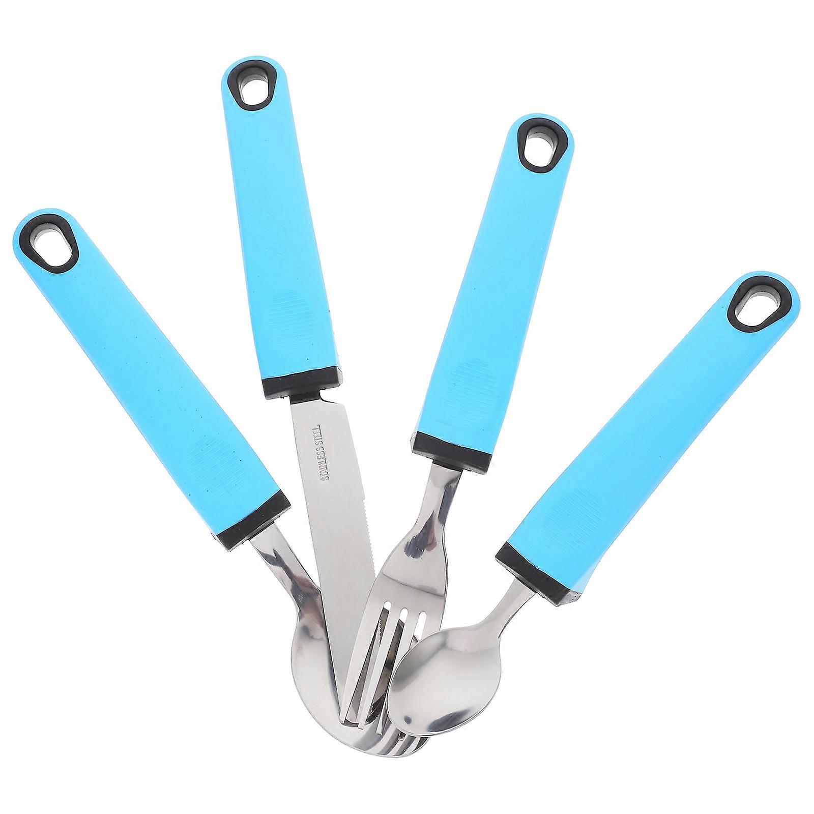 Portable Elderly Eating Utensils with Comfortable Grip and for Home Use Blue Stainless Steel and TPR