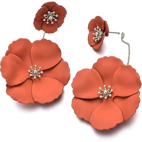 Metal poppy flower dangle earring - matte double flower petal multi-layered drop for women