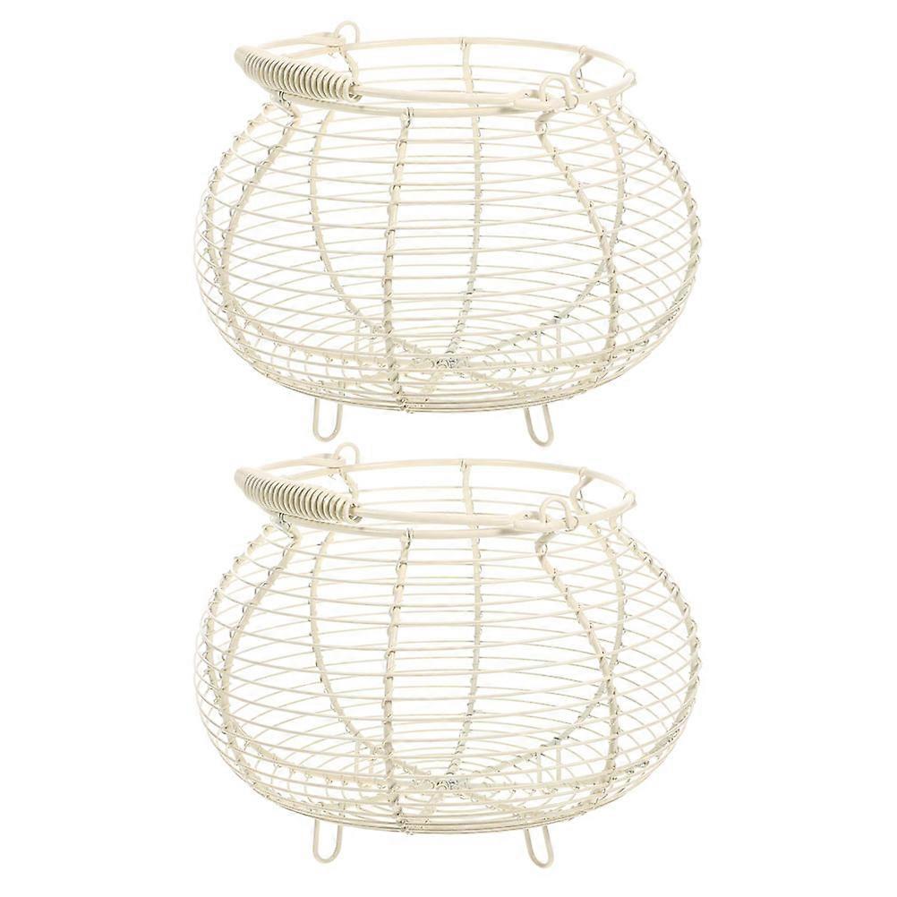 Vintage Wire Egg Basket Set of 2 with Handle, Farmhouse Style Kitchen Organizer for Egg Collection and Storage, Portable White Wire Basket for Rustic