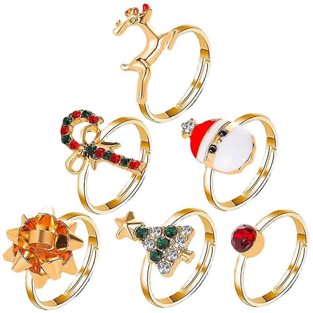 6pcs Adjustable Christmas Finger Rings for Cartoon Reindeer Tree Party Jewelry – Durable Festive Accessories for Holiday and Birthday Celebrations