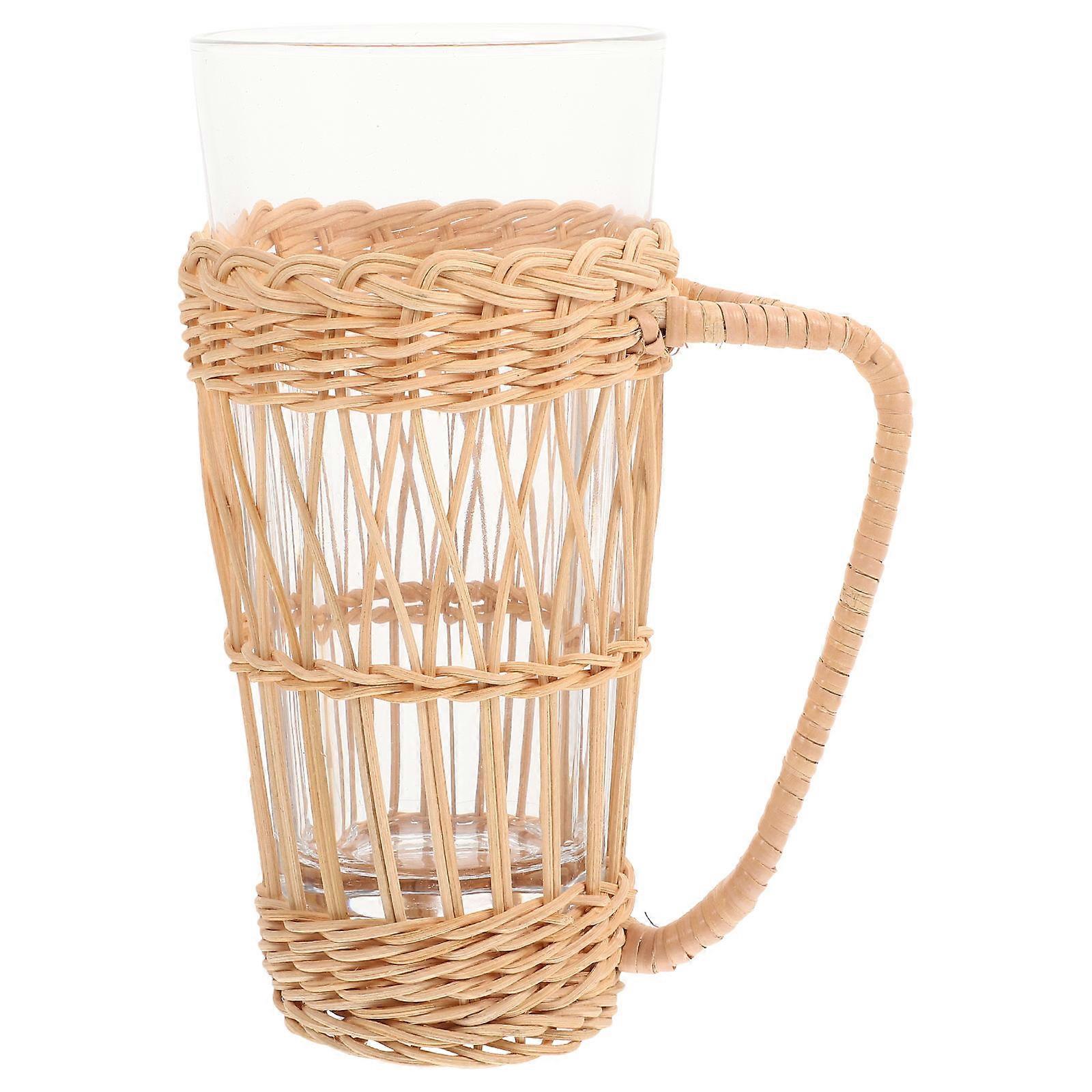 Beige Glass Drinking Cup with Rattan Handle HeatResistant for Home Use 12 oz
