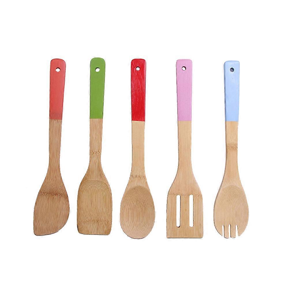 5PCS Bamboo Cooking Spatula Kitchen Utensil Set with MultiColor Handles