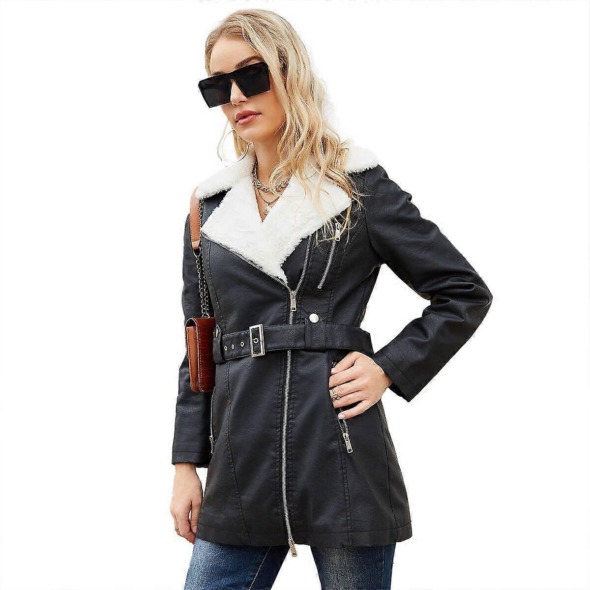 Woman's Winter Midlength Leather Jacket With Warm Collar