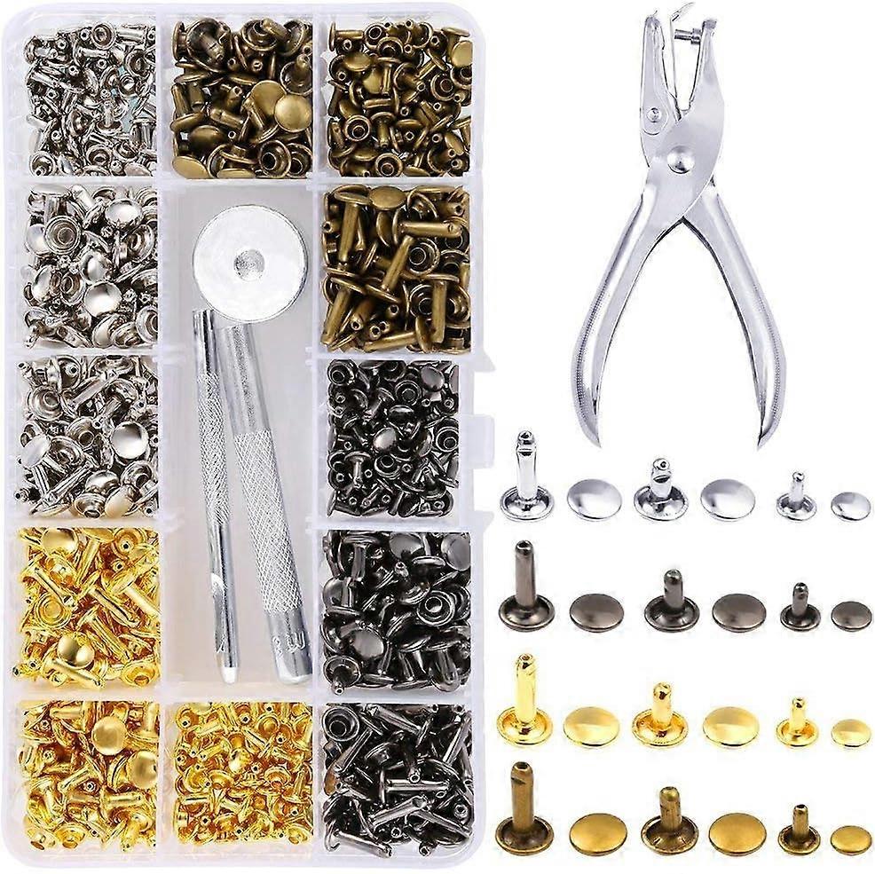 Ternel,360 Leather Rivet Set,Double Cap Rivet Tubular Metal Studs 3 Sizes with 3-Piece Punch Pliers and Setting Tool Kit