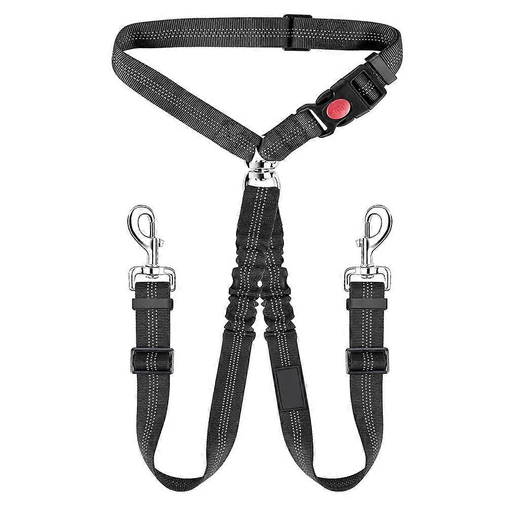Dual Dog Seat Belt with Adjustable Elastic Bungee for 2 Dogs - No-Tangle Car Headrest Restraint, Heavy Duty Splitter, Black
