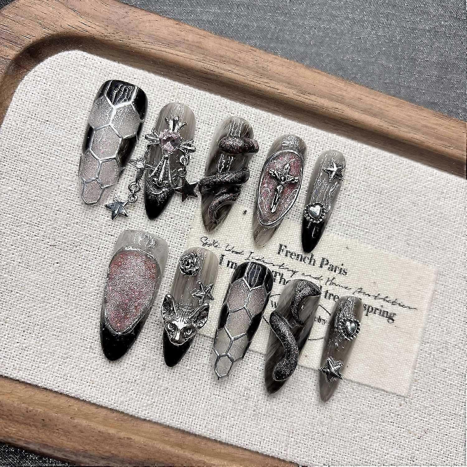 Gothic Cat Eye Press on Nails Long False Nails Handmade