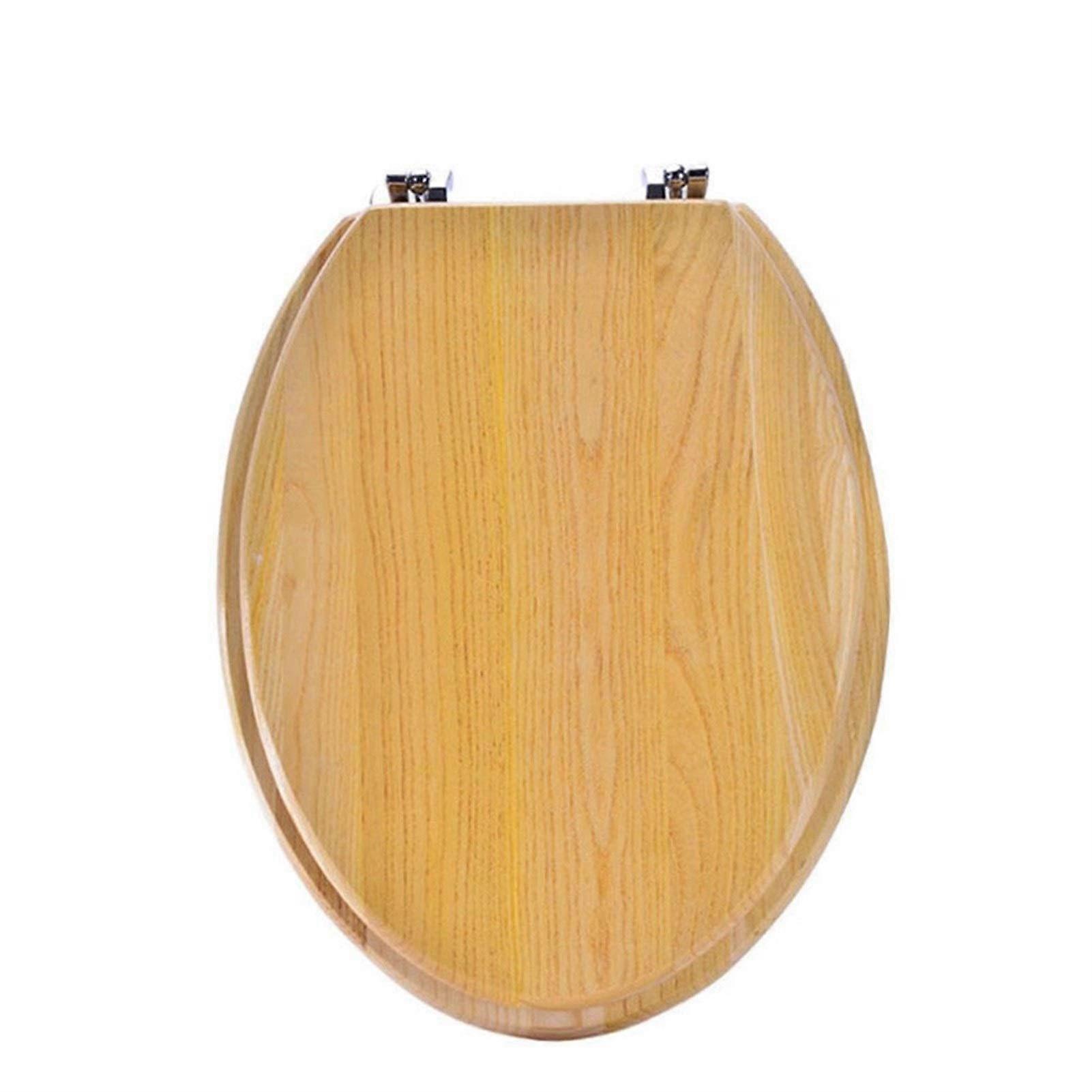 Elongated HeavyDuty Wooden Toilet Seat With Metal Hinges Easy To Install And Clean Beige Finish