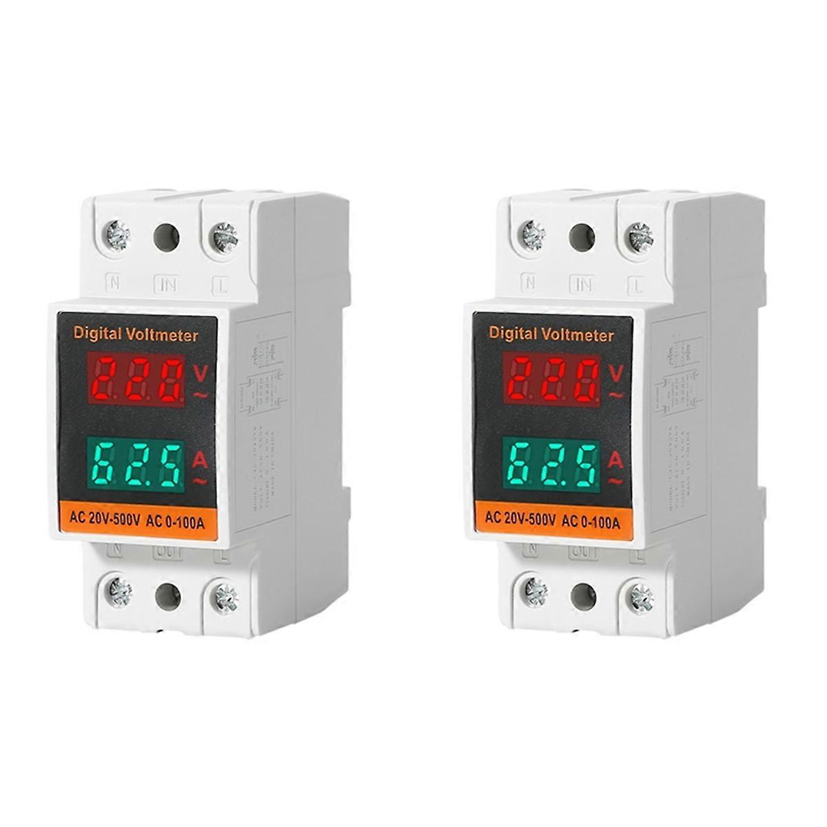 2Pcs 35MM Din Rail Digital Voltmeter Voltage Tester with HD Led Display Ammeter Electricity Meter AC 50-500V 100A